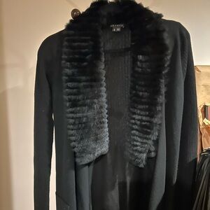 Theory Black Faux Fur Trim Cardigan